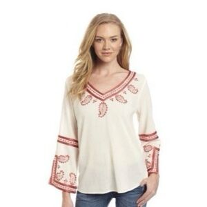 Lucky Brand V-neck Cream Color Embroidered Top 3/4 Sleeves Size XL Boho Coastal